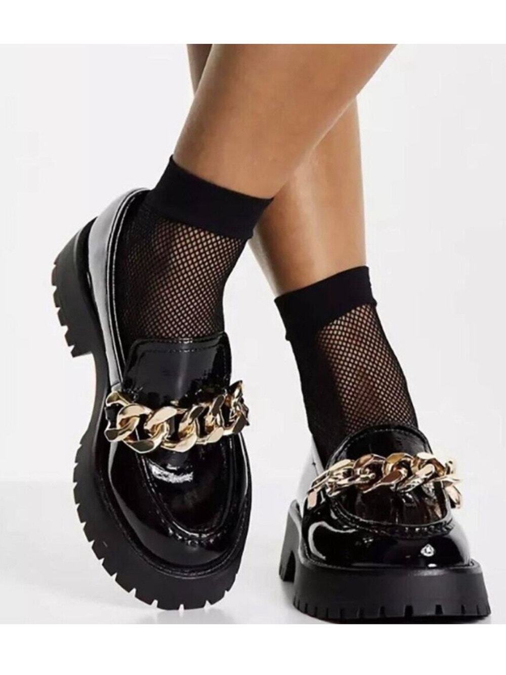 Guess Black Womens Loafers 7.5 Chunky Platform Y2K Heel Patent Chain Grunge Fall